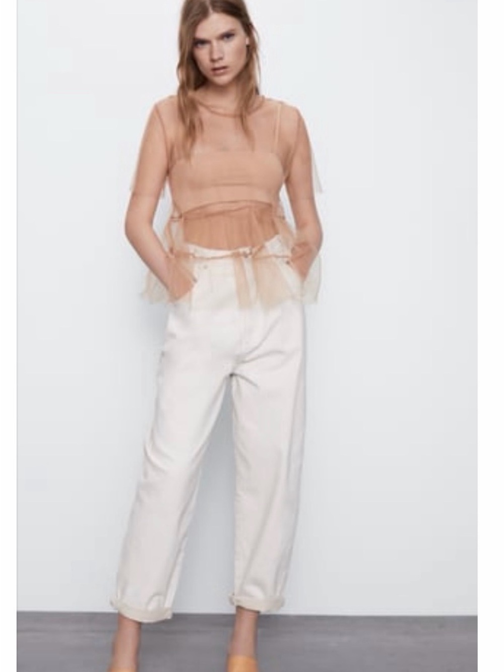 Zara Sheer Tulle Peplum Top in Nude. NWOT